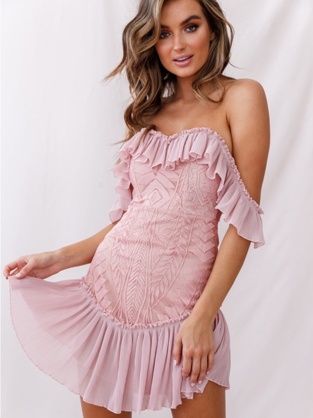 Dreamy Off-Shoulder Ruffle Lace Mini Dress - Pink